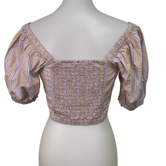 New Aerie Womens Small Striped Puff Sleeve 100% Cotton Smocked Square Neck Top - Picture 6 of 8